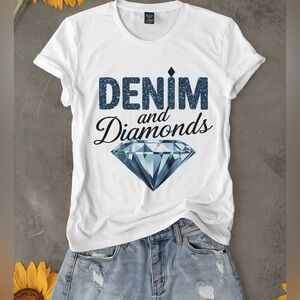 White Short Sleeve Tee with Blue Graphic Design